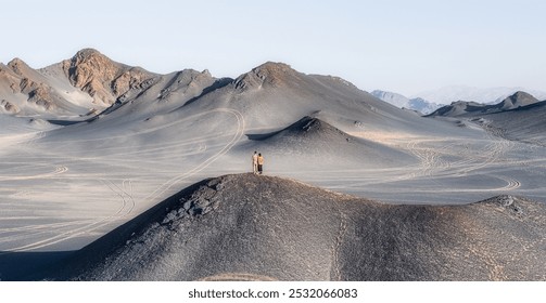 A solitary figure stands atop a gray sand dune, surrounded by undulating hills and subtle, winding trails under a pale blue sky. - Powered by Shutterstock