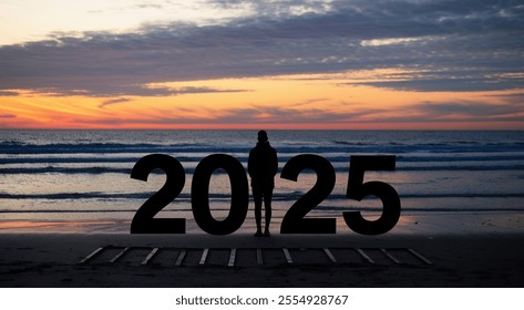 A solitary figure stands beside large numbers representing 2025 on a serene beach at sunset, capturing a moment of reflection against a beautiful backdrop of vibrant colors and ocean waves. - Powered by Shutterstock