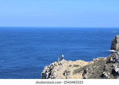 A solitary figure stands at the edge of a dramatic cliff overlooking a vast ocean. The vast expanse of blue sea meets the horizon, creating a sense of tranquility and wonder Perfect for travel, nature - Powered by Shutterstock