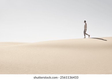 Solitary Figure Walking Across Serene Desert Dunes Under Clear Sky – Minimalist Landscape Embracing Tranquility and Vast Open Spaces. - Powered by Shutterstock