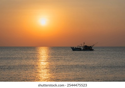 A solitary fishing boat at sunset with a bright sun over the calm sea, creating a serene and peaceful atmosphere - Powered by Shutterstock