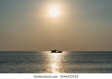 A solitary fishing boat at sunset with a bright sun over the calm sea, creating a serene and peaceful atmosphere - Powered by Shutterstock