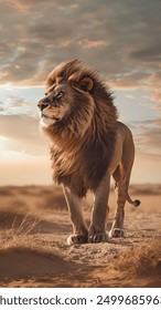 Solitary Lion Standing Tall in Barren Desert Landscape Powerful Muscles Rippling Beneath Tawny Coat Piercing Gaze Fixed on the Horizon Captured in Renaissance Era Golden Hour Photography