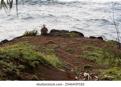 Solitary person sitting on a rocky coastal cliff, surrounded by greenery and overlooking the ocean, capturing serenity and connection with nature. - Powered by Shutterstock