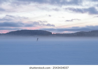 A solitary person traverses a snowy expanse, surrounded by a soft mist as the sun sets, illuminating the horizon with pastel colors over the winter landscape. - Powered by Shutterstock