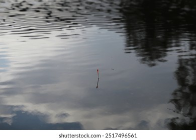 Solitary Red Fishing Bobber Floating in Calm Reflective Lake Surface with Overcast Sky - Powered by Shutterstock