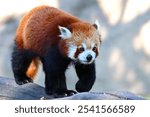 A solitary Red Panda perched atop a rocky outcrop, set against a wooded backdrop