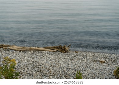 solitary rock emerges from calm water of Lake shrouded in mist at dawn in a tranquil natural landscape - Powered by Shutterstock