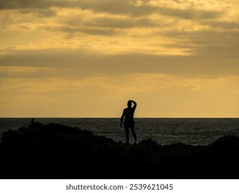 A solitary silhouette of a person standing on a rocky shore, gazing out over the Adriatic Sea at sunset near Komiža, Vis Island, Croatia. The golden sky creates a serene atmosphere. - Powered by Shutterstock