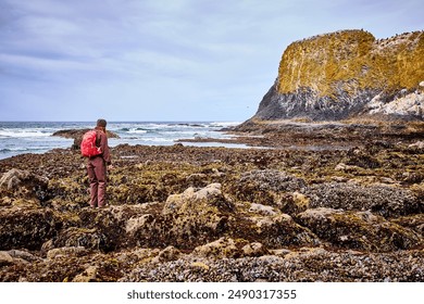 Solitary Traveler at Yaquina Head Lighthouse Coastal Cliff from Eye-Level - Powered by Shutterstock