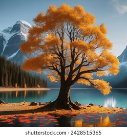 Solitary Tree in Autumnal Mountain Lake,Tranquil Autumn Landscape: Mountains, Lake, and Lone Tree,Vibrant Fall Foliage: Mountain Lake Framed by Colorful Trees,Nature's Majesty: Awe-Inspiring Mountain  - Powered by Shutterstock