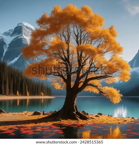 Solitary Tree in Autumnal Mountain Lake,Tranquil Autumn Landscape: Mountains, Lake, and Lone Tree,Vibrant Fall Foliage: Mountain Lake Framed by Colorful Trees,Nature's Majesty: Awe-Inspiring Mountain 