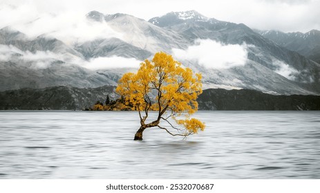 Solitary tree with golden foliage stands in calm water, misty mountains in the background, evoking a serene, ethereal atmosphere. - Powered by Shutterstock