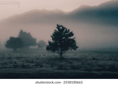 Solitary tree in the mist at dawn, Mount Cook National Park Mountains in Background at Sunrise in thick fog - near Lake Matheson, West Coast, New Zealand, South Island - Powered by Shutterstock