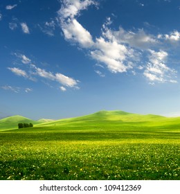 Solitary Tree On Grassy Hill And Blue Sky With Clouds In The Background