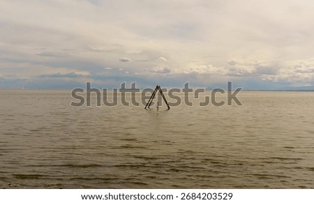 A solitary, triangular swing set stands partially submerged in the calm water of a vast lake under an overcast sky, with distant mountains on the horizon.