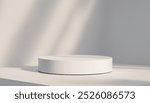 Solitary white cylinder platform sits on a white surface, bathed in soft light, creating a minimalist product display.