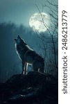 Solitary wolf howling on rocky outcrop under a full moon. Ethereal, misty night scene capturing wilderness and mystery.
