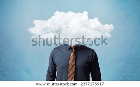 Solitude and depression concept. Businessman with cloud over his head. Loneliness and anxiety. 