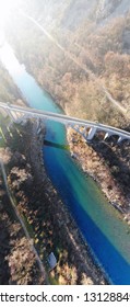 Solkan Bridge Sideview - The Biggest Stone Arch Railroad Bridge. Panorama Aerial View By Dron. Slovenia, Europe.