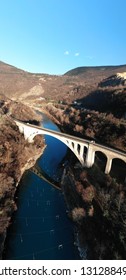 Solkan Bridge Sideview - The Biggest Stone Arch Railroad Bridge. Panorama Aerial View By Dron. Slovenia, Europe.