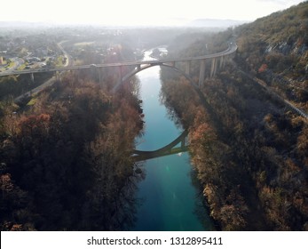 Solkan Bridge Sideview - The Biggest Stone Arch Railroad Bridge. Panorama Aerial View By Dron. Slovenia, Europe.