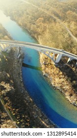 Solkan Bridge Sideview - The Biggest Stone Arch Railroad Bridge. Panorama Aerial View By Dron. Slovenia, Europe.