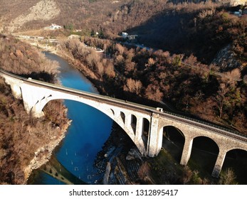 Solkan Bridge Sideview - The Biggest Stone Arch Railroad Bridge. Panorama Aerial View By Dron. Slovenia, Europe.