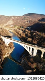 Solkan Bridge Sideview - The Biggest Stone Arch Railroad Bridge. Panorama Aerial View By Dron. Slovenia, Europe.