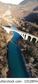 Solkan Bridge Sideview - The Biggest Stone Arch Railroad Bridge. Panorama Aerial View By Dron. Slovenia, Europe.