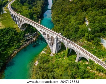 Solkan Bridge in Slovenia over River Soca. World Largest Stone Rail Bridge.