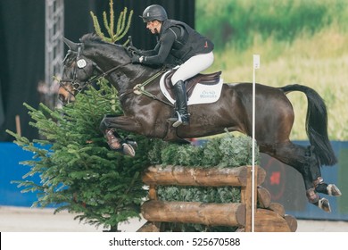 SOLNA, SWEDEN - NOV 24, 2016: Samantha Birch At The Indoor Cross Country Event In The Sweden International Horse Show At Friends Arena.