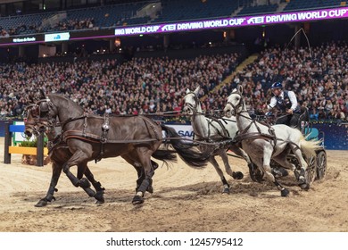 SOLNA, SWEDEN - NOV 30, 2018: FEI World Cup Driving At The Sweden International Horse Show In Friends Arena.