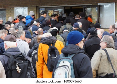 Solna, Sweden - November 30, 2019: A Crowd Enters The Solnahallen Sports Arena Entrance Were The Hjulmarknaden Annual Event Is Held.