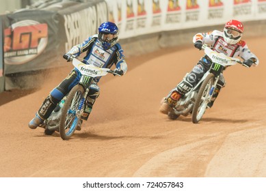 SOLNA, SWEDEN - SEPT 23, 2017: Jason Doyle (AUS) Leading At Stockholm FIM Speedway Grand Prix At Friends Arena In Stockholm.