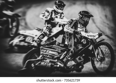 SOLNA, SWEDEN - SEPT 23, 2017: Jason Doyle (AUS) Leading At Stockholm FIM Speedway Grand Prix In Black And White