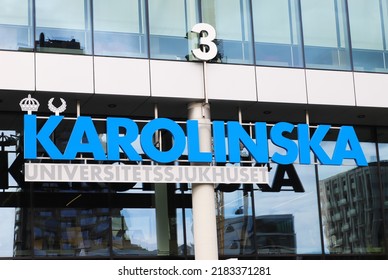 Solna, Sweden - September 2, 2021: The Karolinska University Hospital Sign At The New Hospistal Building.