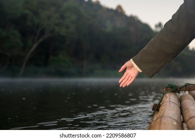 Solo Asian Woman Travel By Thai Local Bamboo Boat In Tropical Forest And Lake In Autumn Season