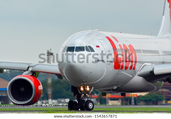 Solo, Indonesia - February 18, 2018: Lion Air\'s\
Airbus A330 aircraft is ready to take off at the Adisoemarmo\
international airport,\
Solo