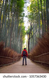 Solo Male Traveler Standing From Behind At The Green Bamboo Forest In Arashiyama, Kyoto, Japan, Wearing Winter Red Clothes And Photography Backpack Looking At The Long Path.