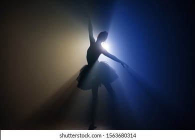 Solo performance by ballerina in tutu dress against backdrop of luminous neon spotlight in theater. Silhouette of woman in pointe shoes dancing classical movements. - Powered by Shutterstock