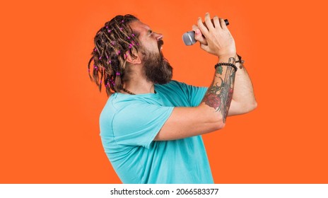 Solo Singer. Karaoke Man Singing With Microphone. Bearded Male Sing. Sing A Song.