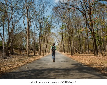 A Solo Woman Traveler Walking In The Middle On A Road 