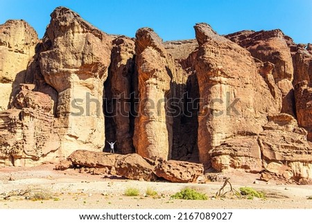 Solomon pillars of Timna park. They were formed naturally by erosion of hard red sandstone. Magnificent sandstone multi-colored rocks. The resort of Eilat. Israel. Hot November day. 

