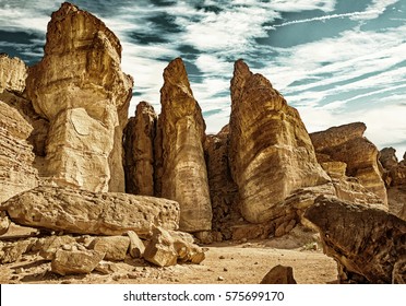 The Solomons Pillars geological attraction in Timna Park near to Eilat, Israel. (HDR image with black gold filter)