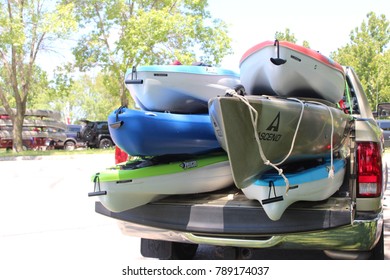 Solon, IA/ August 2017, Truck Full Of Multicolor Kayaks Waiting For A Day On The Lake In Iowa. 