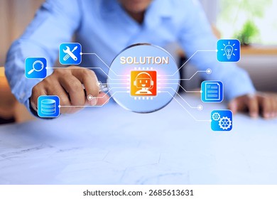 solution concept with a man using a magnifying glass to search for problem solving method