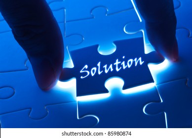 Solution Concept, Solution Word On Puzzle Piece With Back Light