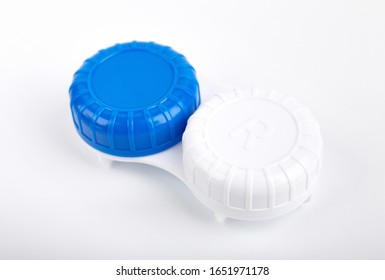 Solution For Contact Lenses With Case White Background. Accessories And Products For Contact Lens Maintenance. 