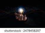 Solution or creative idea for designing a web banner or landing page for an innovative company with a hand sticking out of the screen with a light bulb. Famous abstract geometric shapes and lead lines